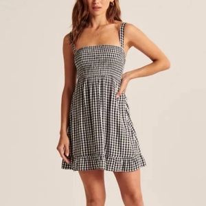 Abercrombie Smocked Squareneck Mini Dress (Navy Blue Check)